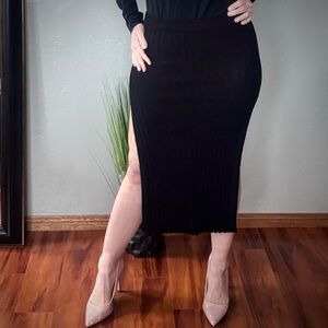 Miramar Elegant Black Knit Pencil Skirt with Double High Side Slits